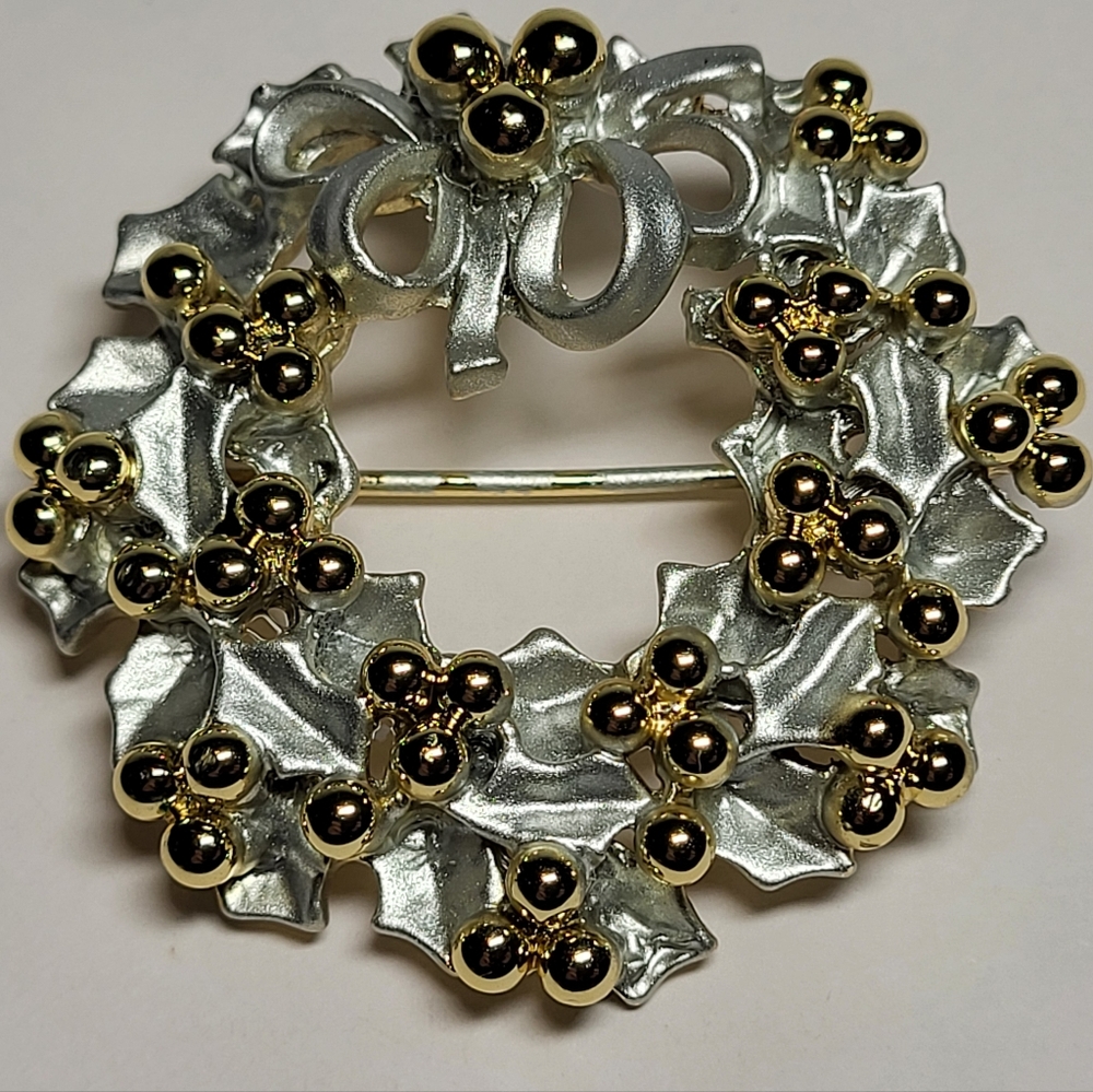Vintage Silver Enamel and Gold Tone Holly Wreath Brooch